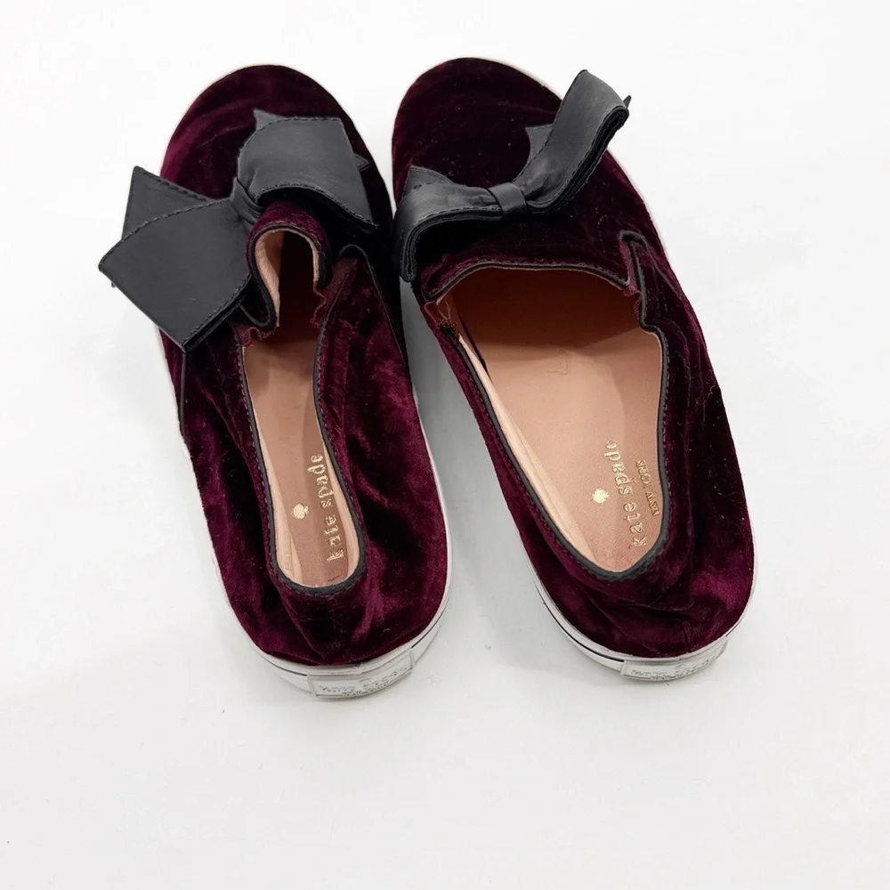 Kate Spade Delise Too Velvet Black Bow Slip On Sneakers Burgundy Wine Size 10